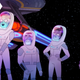 Left to right: the animated Ensigns Tendi, Rutherford, Mariner, and Boimler clad in Starfleet space suits look upon a colorful stellar phenomenon as the USS Cerritos hovers in the background.